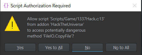 Dangerous script API popup
